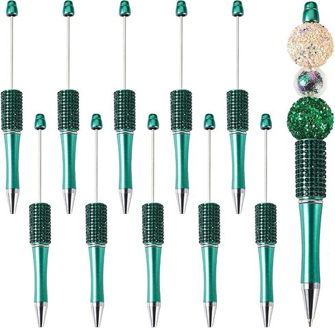 Elecrelive 10Pcs Rhinestone Beadable Pens Diamond Beadable Ballpoint Pens Glitter Beadable Pens Crystal Beaded Pens DIY Beadable Pens Kit for Office School Party Supplies (Green) in Saudi Arabia