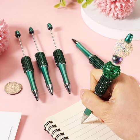 Elecrelive 10Pcs Rhinestone Beadable Pens Diamond Beadable Ballpoint Pens Glitter Beadable Pens Crystal Beaded Pens DIY Beadable Pens Kit for Office School Party Supplies (Green) in Saudi Arabia