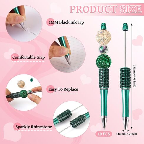 Elecrelive 10Pcs Rhinestone Beadable Pens Diamond Beadable Ballpoint Pens Glitter Beadable Pens Crystal Beaded Pens DIY Beadable Pens Kit for Office School Party Supplies (Green) in Saudi Arabia