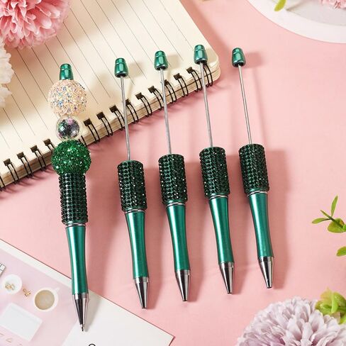 Elecrelive 10Pcs Rhinestone Beadable Pens Diamond Beadable Ballpoint Pens Glitter Beadable Pens Crystal Beaded Pens DIY Beadable Pens Kit for Office School Party Supplies (Green) in Saudi Arabia