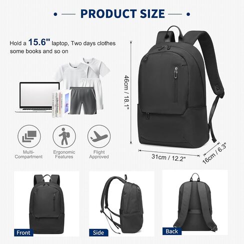 حقيبة تحمل على الظهر المحمول 20L مقاوم للماء ، حقيبة تحمل على الظهر المعتمدة من TSA ، نايلون خفيفة الوزن على ظهر الكمبيوتر مع رحلات السفر التجارية ، أسود ، أسود in Kuwait