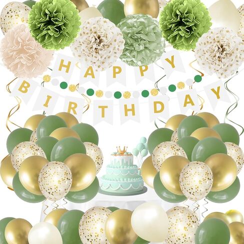 Green Birthday Decoration,Sage Green Party Decoration，Green and Gold Happy Birthday Banner Balloons,Tissue Pom poms,Circle Dots Garland Birthday Decorations in Saudi Arabia