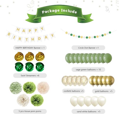 Green Birthday Decoration,Sage Green Party Decoration，Green and Gold Happy Birthday Banner Balloons,Tissue Pom poms,Circle Dots Garland Birthday Decorations in Saudi Arabia