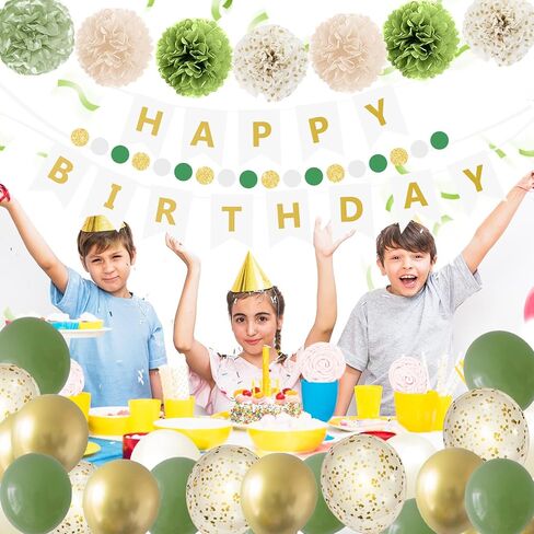Green Birthday Decoration,Sage Green Party Decoration，Green and Gold Happy Birthday Banner Balloons,Tissue Pom poms,Circle Dots Garland Birthday Decorations in Saudi Arabia