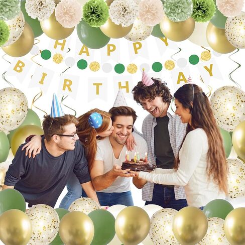 Green Birthday Decoration,Sage Green Party Decoration，Green and Gold Happy Birthday Banner Balloons,Tissue Pom poms,Circle Dots Garland Birthday Decorations in Saudi Arabia