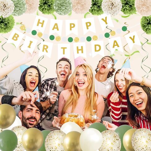 Green Birthday Decoration,Sage Green Party Decoration，Green and Gold Happy Birthday Banner Balloons,Tissue Pom poms,Circle Dots Garland Birthday Decorations in Saudi Arabia