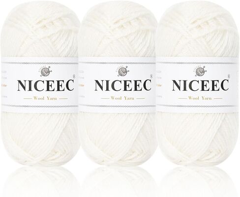 NICEEC 3 Skeins Soft Wool Yarn Glossy Wool Blend Yarn for Crochet Knitting Sport Weight Yarn for DIY Craft Spun Wool Yarn(3×50g/3×110yds)-Cream White in Kuwait