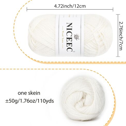 NICEEC 3 Skeins Soft Wool Yarn Glossy Wool Blend Yarn for Crochet Knitting Sport Weight Yarn for DIY Craft Spun Wool Yarn(3×50g/3×110yds)-Cream White in Kuwait