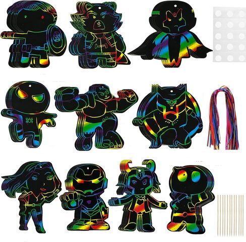 WithInafootof 50pcs بطاقات خدش Hero for Boys Girls Colorful Colorbow Cartoon Paper Craft مع قلم خشبي للبطل الفائق في حفل عيد ميلاد الفنون DIY أنشطة DIY in Kuwait