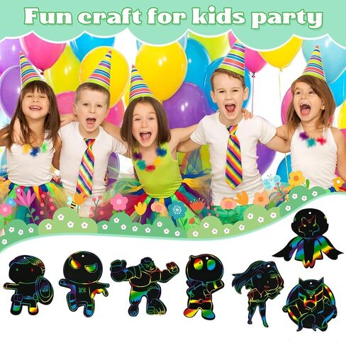 WithInafootof 50pcs بطاقات خدش Hero for Boys Girls Colorful Colorbow Cartoon Paper Craft مع قلم خشبي للبطل الفائق في حفل عيد ميلاد الفنون DIY أنشطة DIY in Kuwait
