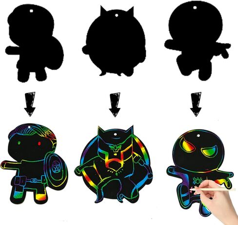 WithInafootof 50pcs بطاقات خدش Hero for Boys Girls Colorful Colorbow Cartoon Paper Craft مع قلم خشبي للبطل الفائق في حفل عيد ميلاد الفنون DIY أنشطة DIY in Kuwait