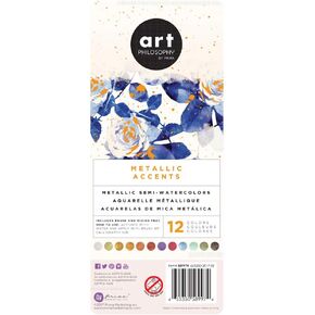 Prima Marketing Art Philosophy Metallic Accents Semi-Watercolor Paint -12 Cakes & Brush 655350592974 Metallic Accent Watercolors