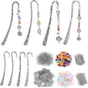 Framendino, 8 Set Metal Bookmarks Kit DIY Flower Hook with Multicolor Beads Charms Ring Headpins for Making