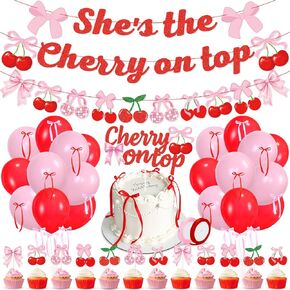 K KUMEED Cherry Party Decorations,She's The Cherry On Top Theme Banner,Summer Fruit Cherries Party Supplies Cake Topper Latex Balloons for Birthday Baby Shower Valentine's Day Wedding Bridal Shower