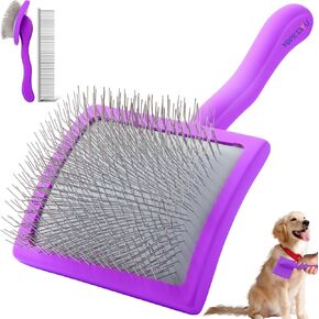 Dog Slicker Brush for Shedding and Grooming Medium or Long Haired Cats, Extra Long & Soft Pin Slicker Brush for Removes Loose Hair, Tangles, Knots, Undercoat, Free Pet Comb, Large, Oak