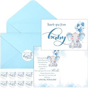 Zhanmai 50 Sets Baby Shower Thank You Cards Elephant Themed 50 Baby Shower Thank You Notes with 50 Envelopes and Stickers Card Gift Boy Card for Gender Reveal Party(Blue)