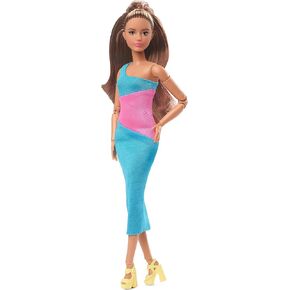 Barbie Looks Fashion Doll with Brown Hair Wearing One-Shoulder Pink & Blue Midi Dress, Collectible with Posable Made to Move Body