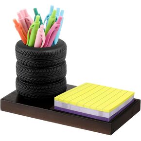 Sherr Tire Shaped Pen Holder with Sticky Notes Holder for Salesman Gift Wooden Tool Planter Pencil Storage Holder Desk Organizer Home Office Supplies Gift for Mechanics Car Lovers