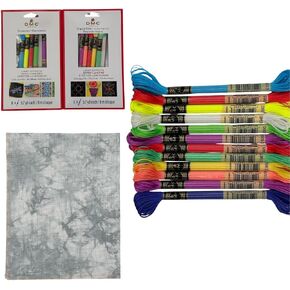 Light Effects Collection Embroidery Thread Bundle - DMC Embroidery Floss Pack 8.7yd Fluorescent 6Pkg, Tropical Glow 6Pkg with Aida 18 Count Pearl Gray Hand-Dyed Cross Stitch Fabric by VolcanoStitching