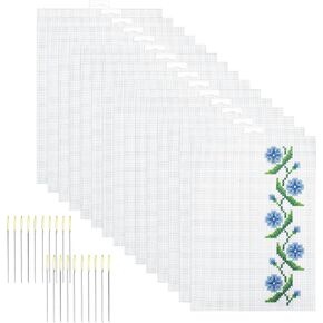 TCAIRG 15pcs 14 CT Plastic Mesh Canvas Sheets for Embroidery Making, Cross Stitch Plastic Black Mesh Screen for Crafts DIY Crochet Projects, Make Aquarium Dividers, 8.2X11 Inch (20Pcs Weaving Needles)