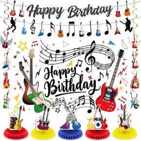 Guitar Birthday Party Decorations Music Guitar Happy Birthday Banner Rock Guitar Honeycomb Centerpiece Hanging Swirls for Music Note Guitar Rock and Roll Karaoke Birthday Baby Shower Party