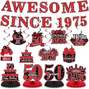 28 Pcs Vintage 40th Birthday Banner Decorations for Men Women Red Black Glitter Awesome Since 1985 Happy 40th Birthday Banner Hanging Swirls Honeycomb Centerpieces for 40th Decor Party Supplies
