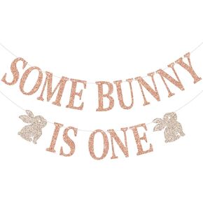 Some Bunny is One Banner, Bunny 1st Birthday Decor, Spring Easter 1st Birthday Banner, Easter Theme First Birthday Party Decorations, Rose Gold Glitter