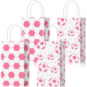 Eersida 16 Pcs Pink Soccer Paper Party Favor with Handles Soccer Goodie Bags Bulk Candy Treat Bags for Team Birthday Party Supplies