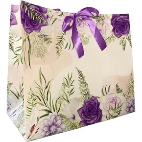 Beautiful Purple Floral Gift Bag with Ribbon, Medium Large