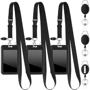3 Pcs Retractable ID Badge Holder with Breakaway Lanyard Heavy Duty Retractable Badge Reel Clip, ID Card Name Holder Key Card for Office School Teacher Nurse Women Men(Black)