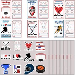 Hockey Themed Valentine's Day Cards with Sticker, 30 Pack Valentines Day Gifts for Kids School Classroom Gift Exchange, Valentine Party Favor Supplies