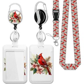 Bird Cardinal Lanyards for Id Badges,ID Badge Holder and Retractable Reel Clip Lanyard with ID Card Nametag Badge Holder for Nurse Teacher