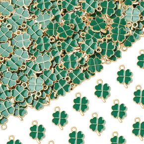 100Pcs Lucky Charms St. Patrick's Day Charms Four Leaf Clover Green Charms Alloy Enamel Charms for Earring Necklace Bracelet DIY Jewelry Making