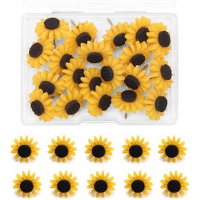 40Pcs Sunflower Push Pins, Pletpet Cute Decorative Sunflowers Push Pins for Cork/Bulletin Board with Square Box, Sturdy Thumbtacks for Holding Photos Files