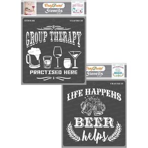 CrafTreat Reusable Beer Stencils for Painting on Wood - Group Therapy and Beer Helps Quote Stencil - 2 Pcs - 6X6 Inch - DIY Home Decor Stencils with Quotes - Beer Mug Stencil Quotes for Painting
