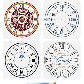 FINGERINSPIRE 4 PCS Clocks Painting Stencil with Brush 11.8x11.8 inch Clock Face Template Arabic Numerals Stencil Hour Hand Second Hand Template Gears Letters Stencil Clock Theme Template for DIY