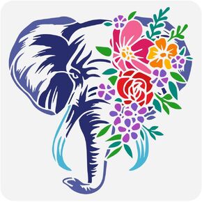 FINGERINSPIRE Floral Elephant Painting Stencil 11.8x11.8 inch Plastic Elephant Pattern Stencil Reusable Animal Theme Template for Painting on Wood, Floor, Wall, Tile, Canvas, Fabric and Furniture