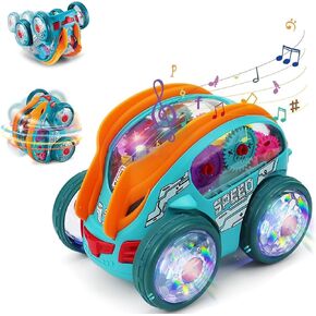 Speedlite Dynamic Gear-Powered Car with Led Lights, Transparent Luminous Toy Car, Bump and Go Toy Cars, Suitable for Boys Girls Aged 3+
