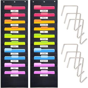 Hippo Creation Heavy Duty Storage Pocket Chart for Classroom, 10 Pocket Storage Organizer with 2 Over-Door Hangers, Hanging Wall Organizer for File Folders, School Mailbox, Home Office Papers - Black