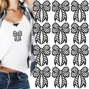 12Pcs Black Checkered Bow Iron On Patches Racing Embroidered Applique Western Punk Sew On Patch Applique Embellishments Funny Decorative Badge Appliques for Clothes Jeans Shirt Bags DIY Craft