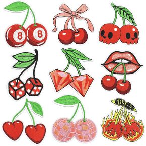 9Pcs Cherry Iron on Patches for Women Coquette Sew on Repair Embroidered Applique Patches for Clothes Hats Jeans Bags