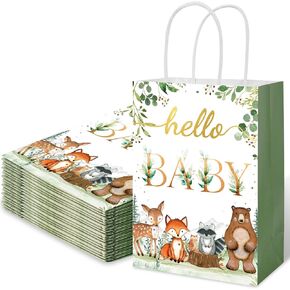 FYSUIMU 24Pcs Woodland Animal Paper Gift Bags with Handles Woodland Baby Shower Party Favor Bags Forest Animal Candy Goodie Treat Bags for Baby Shower Birthday Party Supplies