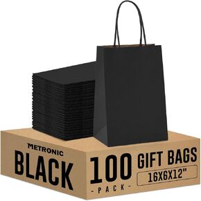 METRONIC 100 Pack 16X6X12 Large Black Paper Gift Bags, Kraft Shopping Bag with Handles for Small Business, Boutique, Gift Wrap, Bulk