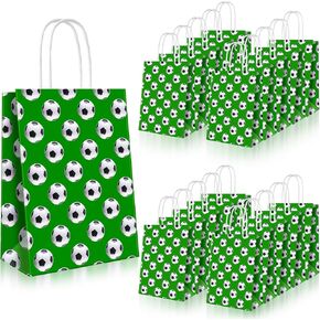 JEFFBAUBL 24 PCS SOCCER GOODIE FACS ، حقائب هدايا كرة القدم مع مقابض ، حقيبة ورقية مطبوعة رياضية ، حقيبة الحفلات ذات الطابع الرياضي للعلاج لوازم حفلة عيد ميلاد CANDY (Green 2 Soccer 4)