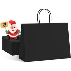 METRONIC 16X6X12 Inch Large Black Paper Bags 50 Pack, Kraft Gift Paper Bag with Handles, Shopping Bags for Small Business, Boutique, Gift Wrap, Bulk
