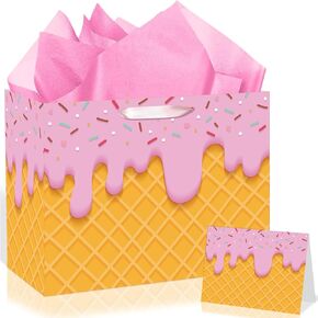 Yomaiha Ice Cream Gift Bag with Tissue Paper and Greeting Card, Ice Cream Gift Wrapping Paper Goodie Bags for Summer Birthday Baby Shower, Sweet One Party Favors Birthday Party Supplies