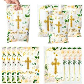 ANGOLIO Easter Treat Party Bags - 50Pcs White Gold Party Favors Bags Print Easter Cross God Bless Candy Bags with Handles Plastic Gifts Bags Birthday Snack Bags Easter Party Favor Supplies for Kids