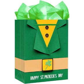 FaCraft St.Patrick Day Gift Bags with Handle,11.5" Saint Patrick's Day Leprechaun Gift Bag Irish Shamrock Bag with Tissue Paper Luck Green Paper Bags for Kids Classroom Party Favors Supplies