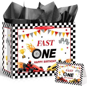 Fast One 1st Birthday Gift Bag for Baby Boys Hot Car Gift Wrap Bag Race Car Party Favor Bags with Tissue Paper Card Racing Birthday Goodie Candy Bag for Wheel Party Baby Shower First Birthday Supplies