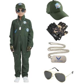 Pilot Costume for Children, Top Air Force Aircraft Cosplay Costume with Cap, Glasses, Gloves, Pendant